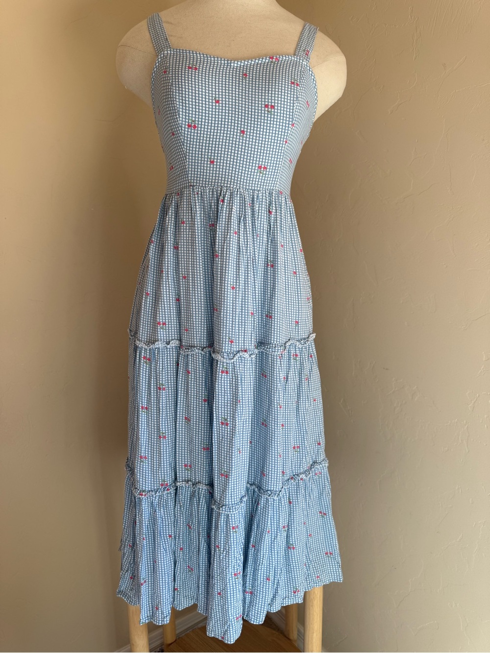XS - Blue Gingham Midi Dress with Cherry Print